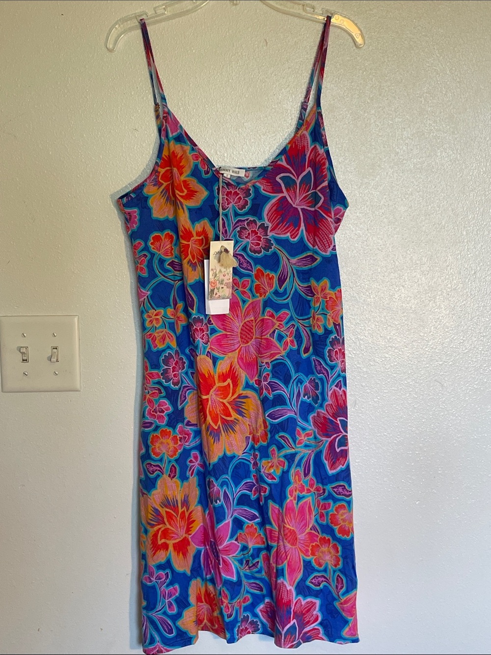 Johnny Was Blue Midi Dress with Pink and Orange Floral Print